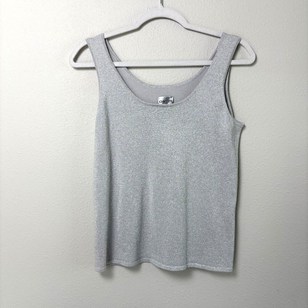 Chicos Tank Top Size 1‎ US M Silver Metallic Sleeveless Party Holiday Blouse